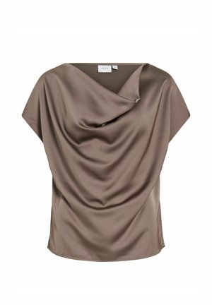 Blusa color fango in raso con maniche corte, scollo a increspatura drappeggiata, orlo senza cuciture e vestibilità ampia.