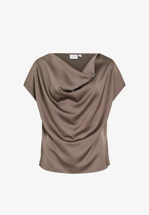 Blusa color fango in raso con maniche corte, scollo a increspatura drappeggiata, orlo senza cuciture e vestibilità ampia.