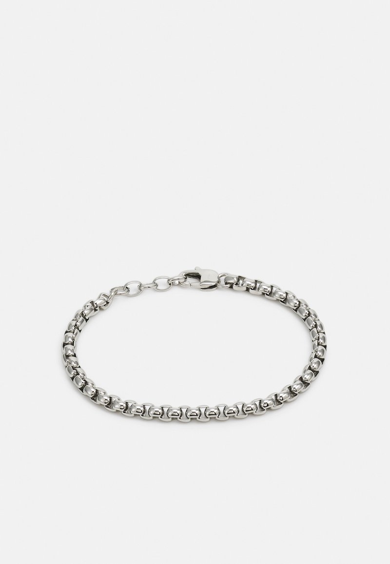 Sølvkjedearmbånd med sammenkoblede lenker, glatt overflate og sikker lås. Enkelt, metallisk design med polert finish.