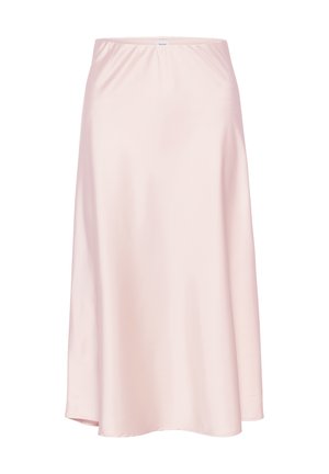 Satin-Midi-Rock in sanftem Rosa mit einem elastischen Bund, der ein fließendes A-Linien-Design und eine glatte, glänzende Textur aufweist.