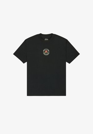 T-shirt nera in cotone con una grafica circolare che presenta un design di rosa e del testo. Maniche corte, collo rotondo e vestibilità normale.