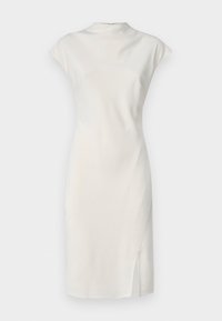 Bela, brezrokavna obleka z visokim ovratnikom in stranskim razporkom. Gladka tekstura, prilegajoča zasnova in minimalističen slog.