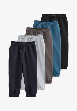 Fem par joggerbukser i forskellige farver: marineblå, grå, brun, teal og sort. Lavet af blødt stof med elastisk talje og manchetter.