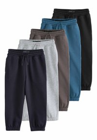 Fem par joggarbyxor i olika färger: marinblå, grå, brun, teal och svart. Tillverkade av mjukt tyg med elastiska midjeband och muddar.