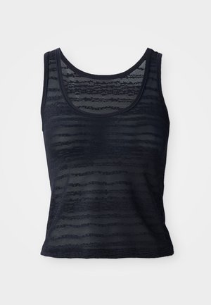 Zwarte mesh tanktop met een ronde hals, een textuurpatroon en zonder mouwen. Zachte stof met een aansluitende pasvorm.