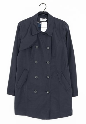 Marineblå trenchcoat lavet af letvægtsstof, med dobbeltradet design, seks knapper og to sidelommer.