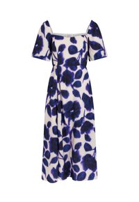 Robe florale en bleu et blanc, dotée de manches bouffantes courtes, d'un décolleté carré et d'une jupe fluide qui tombe sous le genou.