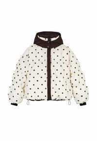 Nadýchaná bunda z béžovej tkaniny s hnedými bodkami, vysoký golier a zapínanie na cvoky, navrhnutá s elastickými lemami a šnúrkami na stiahnutie.