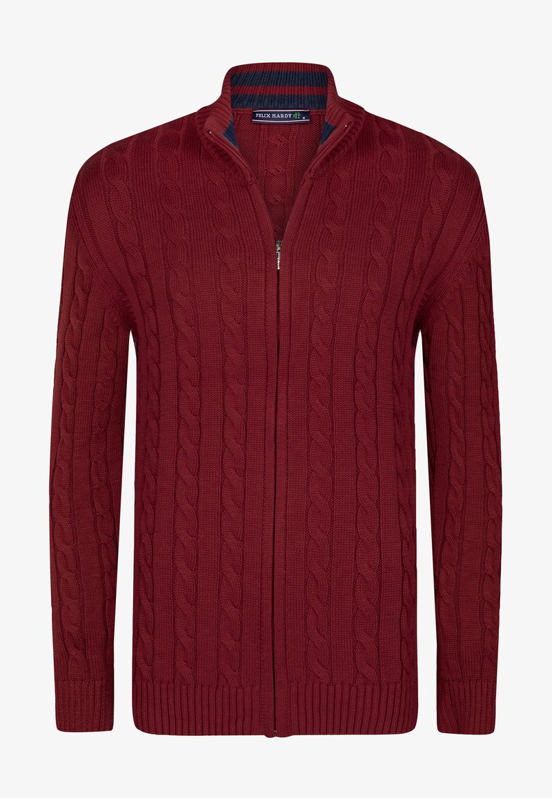 Roter Kabelstrick-Cardigan mit hohem Kragen, vollem Reißverschluss, gerippten Bündchen und Saum. Hergestellt aus einem strukturierten, warmen Material.