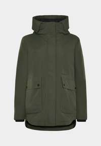 Olijfgroene waterdichte jas met een aansluitende capuchon, ritsopening, twee voorzakken en een langere achterkant. Soepele textuur en minimalistisch ontwerp.