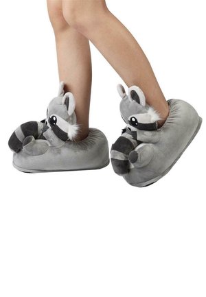 Gray plush slippers with raccoon design, featuring soft material, large ears, and striped tail accents. Cushioned for comfort.