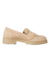 Beige Wildlederslipper mit einem gesteppten Kragen, ausgestattet mit einer dicken gummierten Sohle und einem strukturierten Obermaterial. Das Design ist schlank mit einem flachen Absatz.