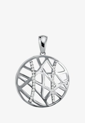 Silver pendant with a circular design featuring an intricate, cut-out pattern and two rows of small, sparkling diamonds.