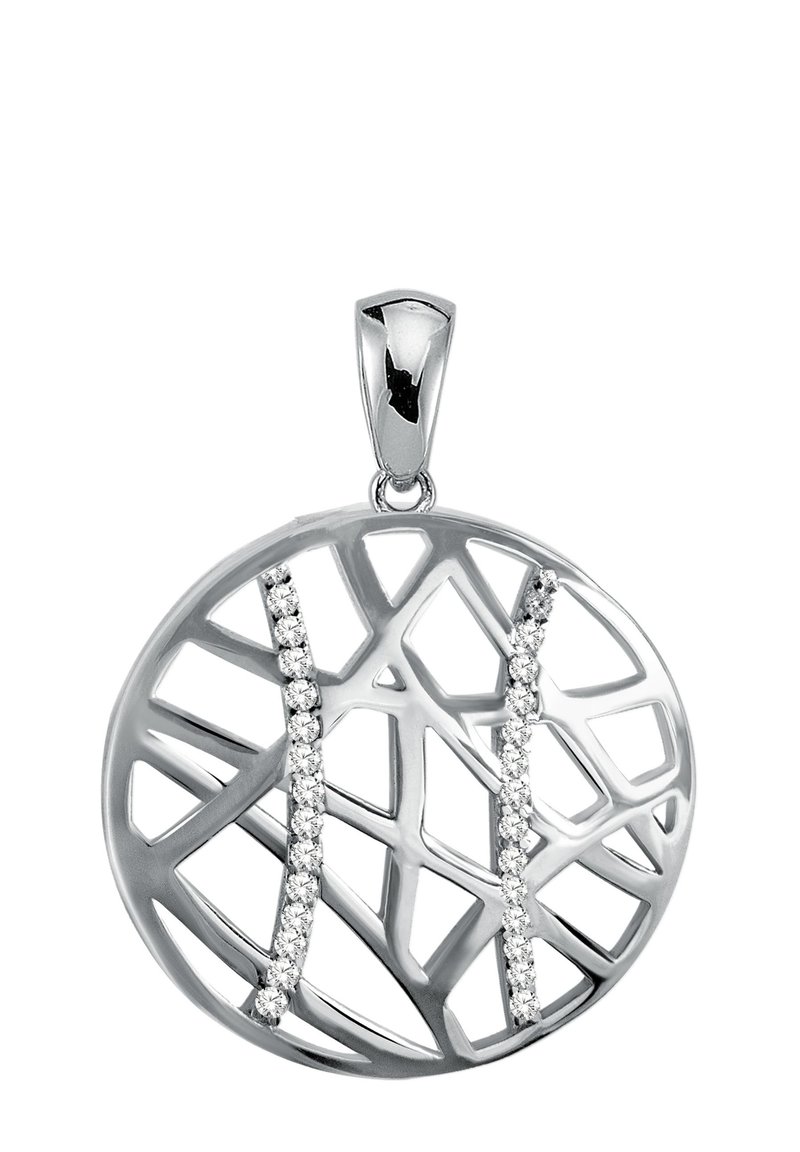 Pendentif en argent avec un design circulaire présentant un motif ajouré complexe et deux rangées de petits diamants étincelants.