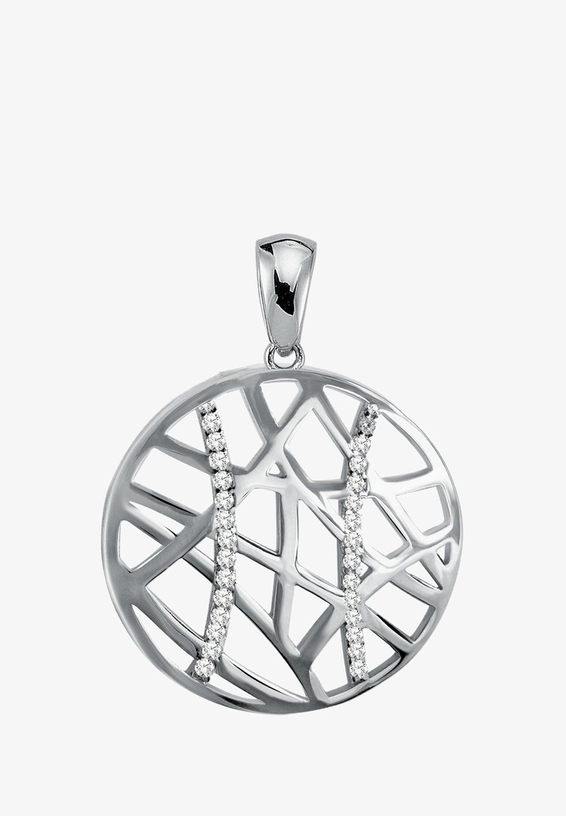 Pendentif en argent avec un design circulaire présentant un motif ajouré complexe et deux rangées de petits diamants étincelants.