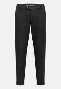 Pantalons slim gris foncé à motif chevrons, fermeture à bouton, passants de ceinture et ourlets à revers.