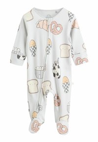 Ljusgrå sparkdräkt med mat-tema mönster, inklusive bröd, glass och pretzlar. Hel dragkedja och fotdesign. Mjukt tyg.