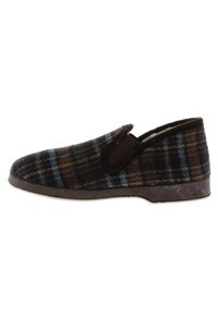 Zapatillas de cuadro con parte superior de lana marrón, azul y negra, diseño sin cordones, suela de goma oscura y un interior acolchado para mayor comodidad.