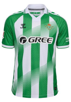 Zielono-biała pionowo paskowana koszulka piłkarska z logo "GREE", emblematem Real Betis oraz znakiem marki Hummel na przodzie.