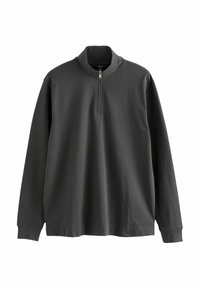 Pullover da uomo a maniche lunghe in grigio scuro, realizzato in un tessuto morbido e liscio. Presenta una zip di un quarto e un colletto alto. Design semplice.