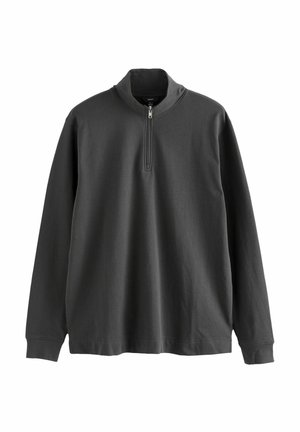 Pullover grigio scuro a maniche lunghe con collo a zip a quarti, realizzato in tessuto morbido. Presenta una vestibilità rilassata e polsini a costine sulle maniche.