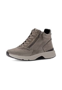Grijze suède high-top sneakers met veters en een ritssluiting aan de zijkant, voorzien van een dikke rubberen zool en een geprofileerde achterkant.