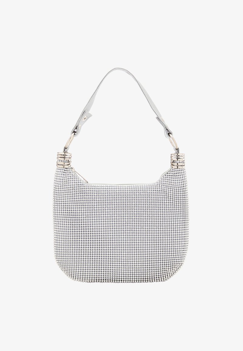Borsa a tracolla in tessuto grigio con motivo a pois, hardware argentato e una singola tracolla. Presenta una forma strutturata e chiusura con zip.