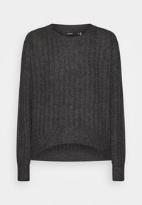 Pull en maille côtelée gris foncé avec un col rond large, des manches longues et une coupe ample à l'ourlet. Texture douce avec une légère brillance.