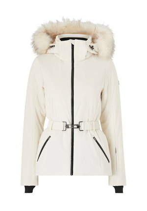 Witte skijas met een capuchon van fauxbont, een taille met riem, zijzakken en zwarte ritsdetails. Glad materiaal met een getailleerde pasvorm.