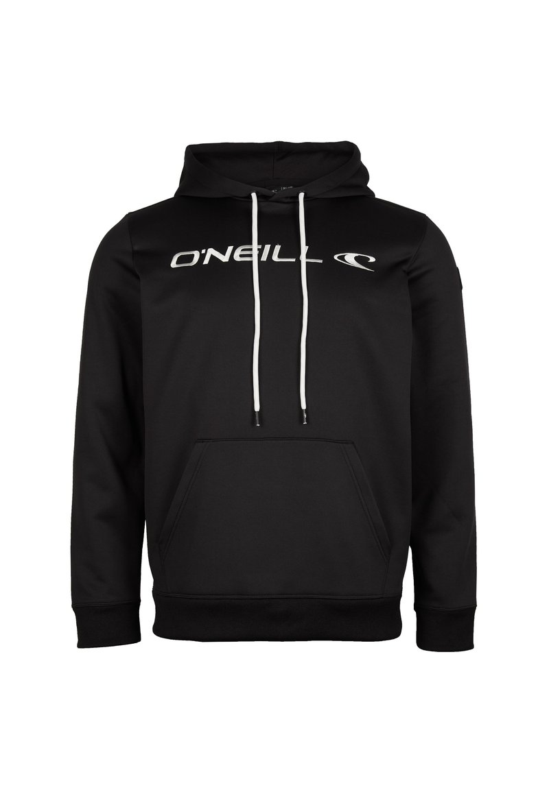Sudadera con capucha negra de tela suave, con un bolsillo tipo canguro, cordones blancos y el logotipo de O'Neill en blanco en el pecho.