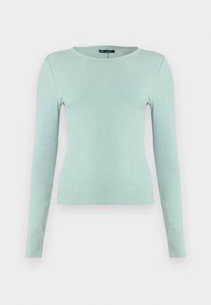 Long-sleeve ribbed top in light mint green. Fitted design with a crew neckline and textured surface. Simple, versatile garment.