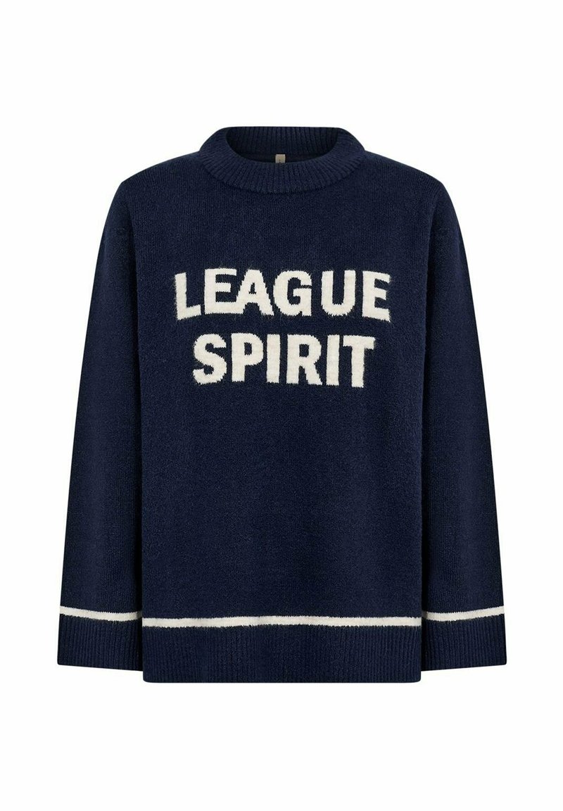Marineblauwe gebreide trui met een ronde hals, met de tekst "LEAGUE SPIRIT" in het wit. Voorzien van witte strepen bij de zoom en manchetten.