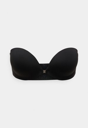 Reggiseno nero senza spalline con tessuto liscio, coppe sagomate e fascia texturizzata con un accento metallico centrale.