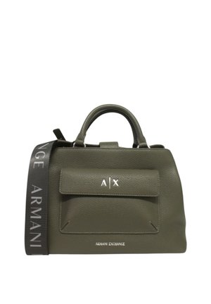 Borsa a mano in pelle verde oliva con tasca frontale a patta, manici superiori e tracolla nera regolabile con stampa "ARMANI EXCHANGE".
