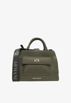 Borsa a mano in pelle verde oliva con tasca frontale a patta, manici superiori e tracolla nera regolabile con stampa "ARMANI EXCHANGE".
