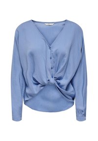 Ljusblå blus med V-urringning, långa ärmar, framknappar och en knuten detalj vid midjan. Slät, något glänsande tygtextur.