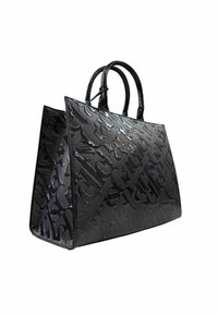 Borsa tote in pelle nera lucida con motivo logo embossato, manici superiori doppi, forma strutturata e finitura lucida. Design compatto ed elegante.
