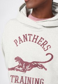 Primo piano di una persona che indossa un felpa leggera grigia con testo bordeaux "PANTHERS TRAINING" e un'immagine di un pantera in salto.