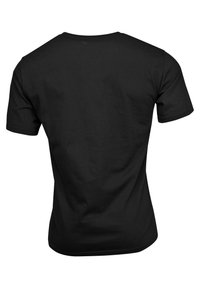 Musta lyhythihainen t-paita kuvattuna takaa, jossa on pyöreä pääntie ja yksivärinen, yksinkertainen design.