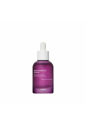 Lila Tropfflasche mit der Aufschrift "Niacinamide 20 Serum" zur Reduzierung von dunklen Flecken und Hyperpigmentierung von Jumiso.