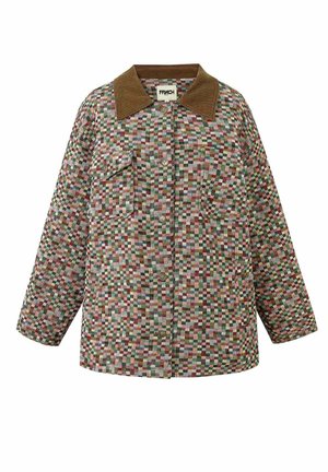 Karierte Jacke mit mehrfarbigem Quadratmuster, braunem Cordkragen, Knopfleiste vorne und zwei Brustklappentaschen.