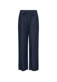 Denim-Culotte-Hosen in Dunkelblau, mit dehnbarem Bund und Kordelzug, weitem Bein und glatter Textur.