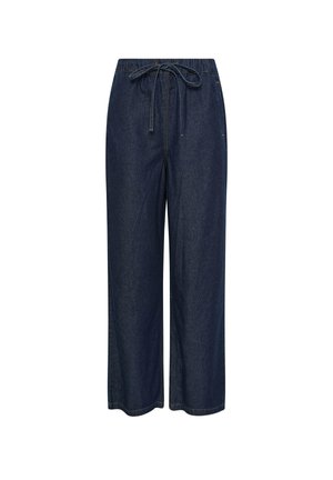 Mørkeblå denim culotte bukser, med elastisk talje og snøre, brede ben og en glat tekstur.
