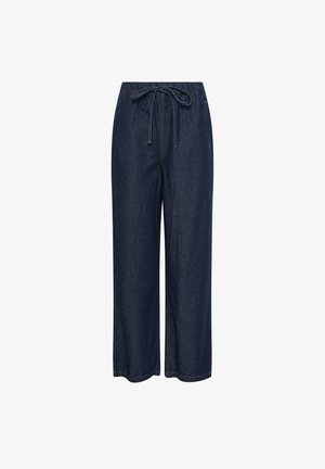 Mørkeblå denim culotte bukser, med elastisk talje og snøre, brede ben og en glat tekstur.