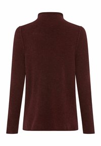 Haut à manches longues en tissu tricoté bordeaux avec un col montant, présentant une texture lisse et des lignes simples et épurées. Aucun élément métallique ou accent visible.