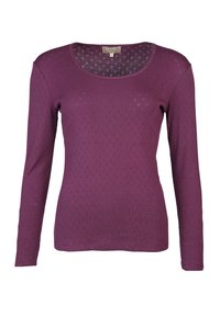 Langärmliges Oberteil mit Rundhalsausschnitt in tiefem Lila mit einem strukturierten Muster aus kleinen Rauten. Weicher Stoff mit taillierter Silhouette.