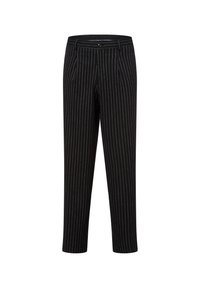 Zwarte pinstripe broek met een rechte snit, voorzien van een knoopsluiting en steekzakken. Zachte stof met een gladde textuur.