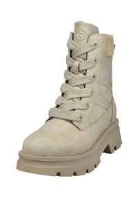 Beiger Leder-Stiefelette mit strukturierter Oberfläche, gepolstertem Schaft, flachen Schnürsenkeln und klobiger Plateausohle. Verfügt über Seitennaht und Logodetail.