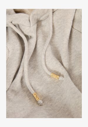 Haut à capuche gris clair avec une texture douce, des cordons de serrage avec des embouts en métal doré et une coupe décontractée. Des détails de couture élaborés sont visibles.