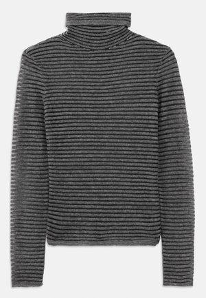 Gray striped turtleneck sweater made of soft knit material, featuring a high collar and a fitted silhouette with horizontal patterning.